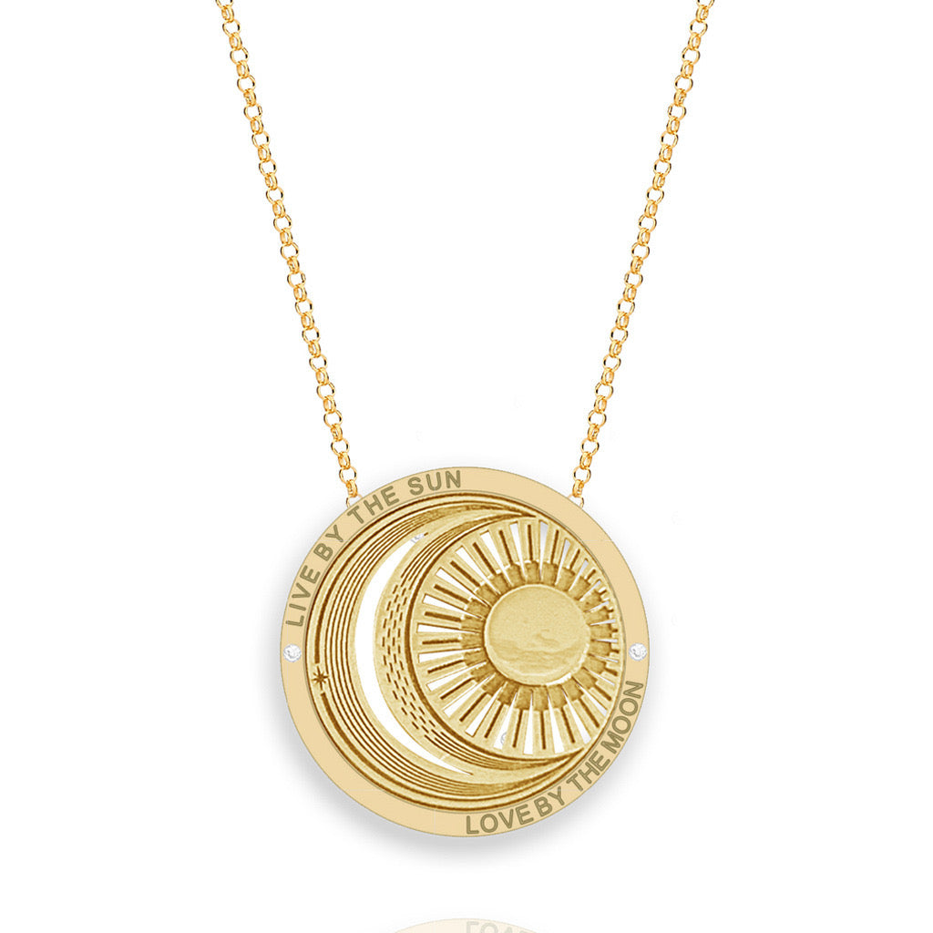 Round Pendant Necklace Stainless Steel Gold Plated - Sun Moon