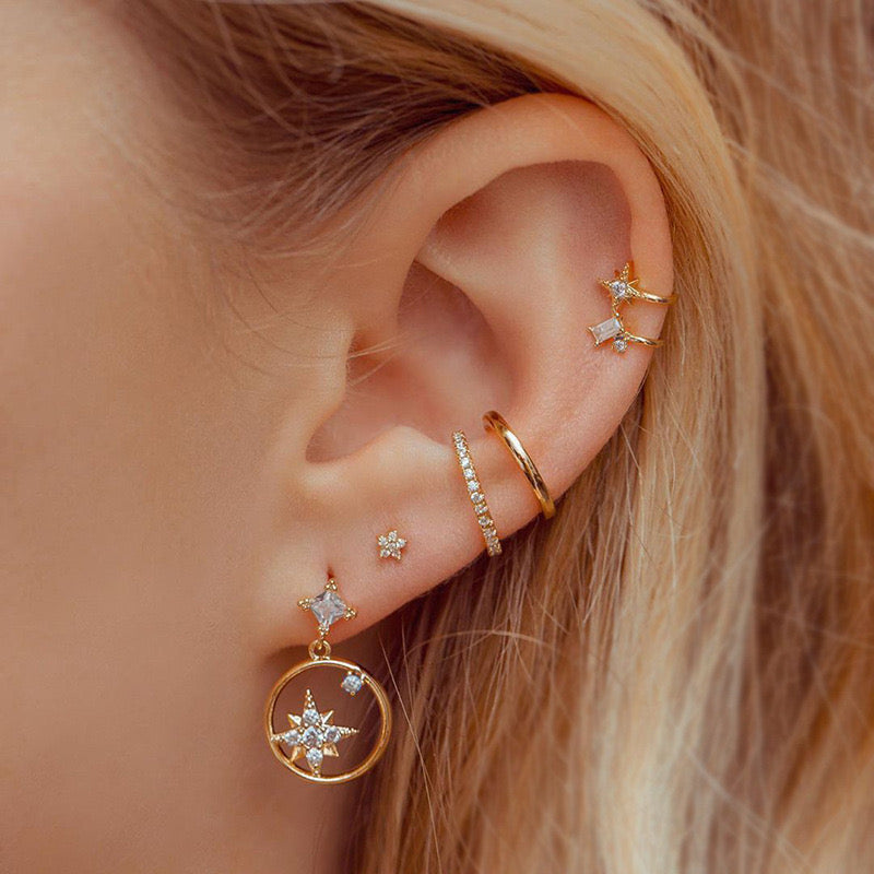 Moon Star Earrings Set Studs Gold Plated Diamond Hoop