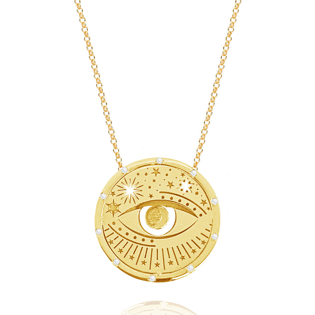 Round Pendant Necklace Stainless Steel Gold Plated - Evil Eye