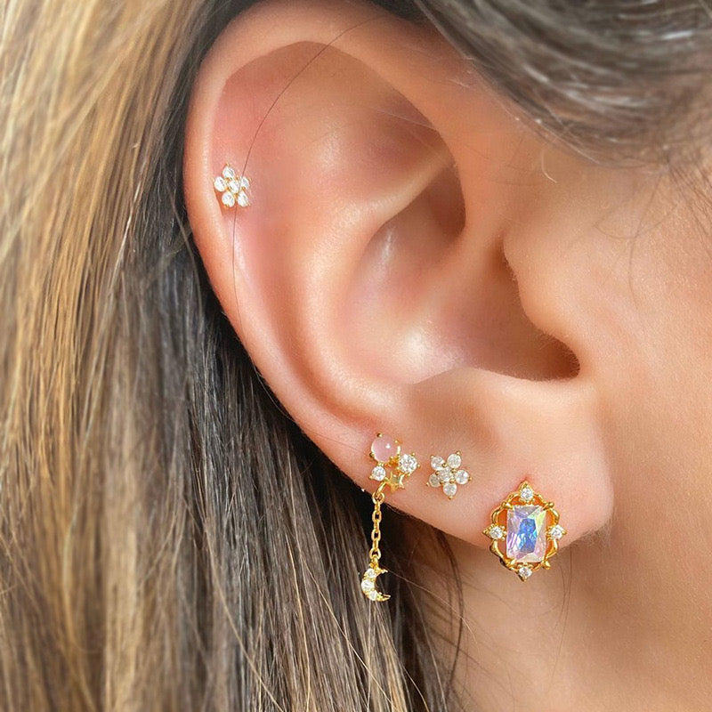 Unique Gemstone Stud Earrings Set Gold Plated Moon Stars Pink Flowers