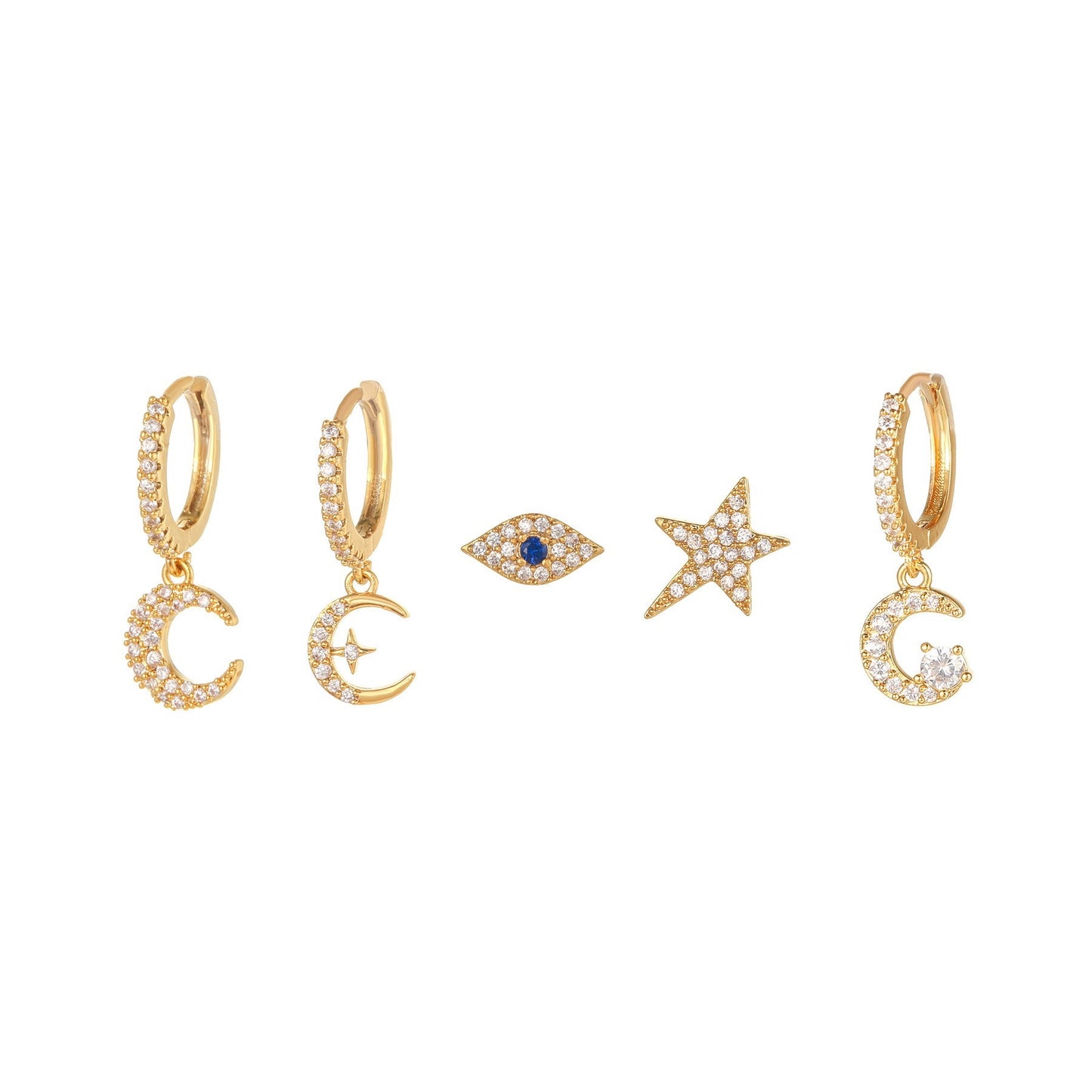 Moon Stars Devil Eye Stud Earrings Set Gold Plated Diamonds