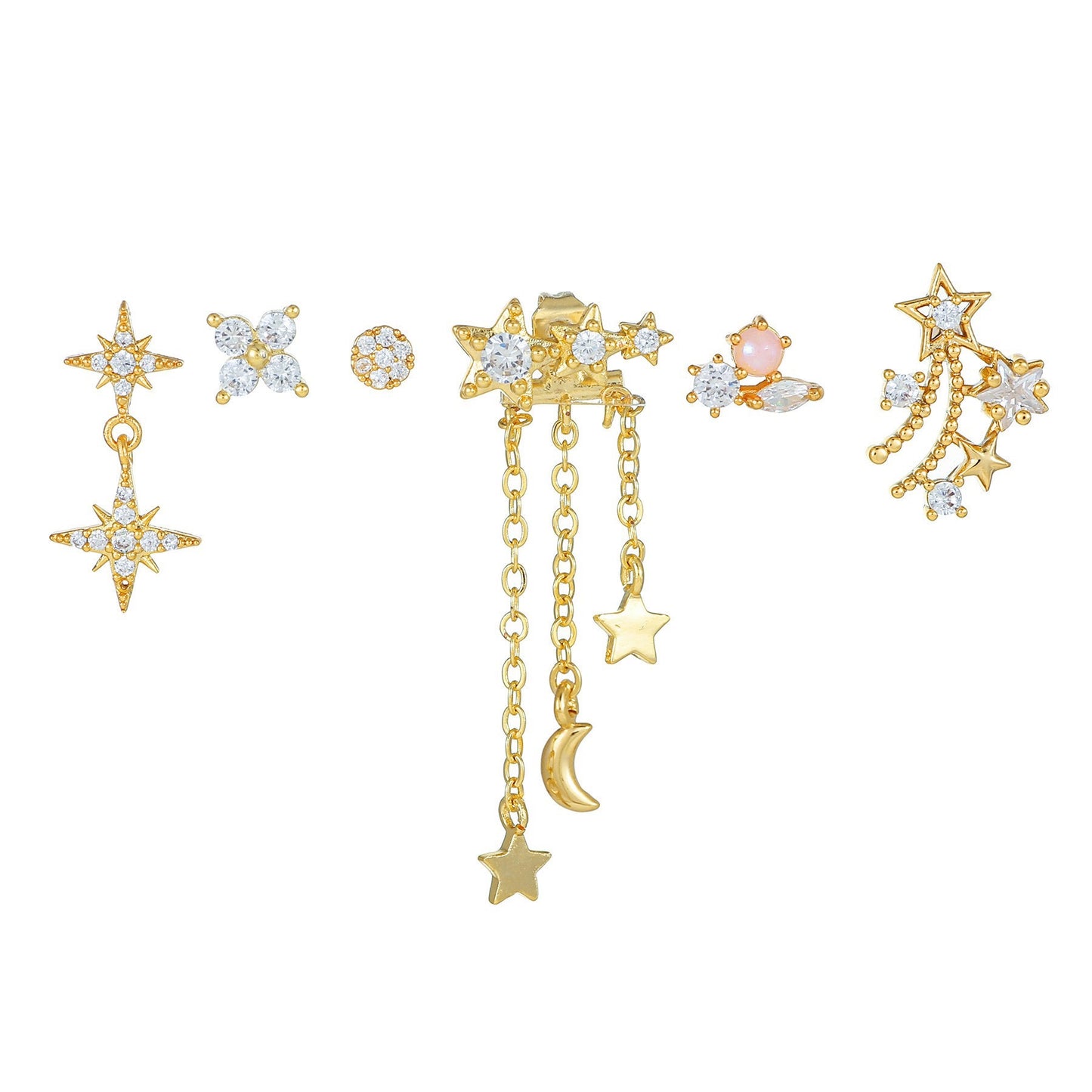 Delicate Star and Moon Stud Earring Set Gold Plated Diamond Pink Stone