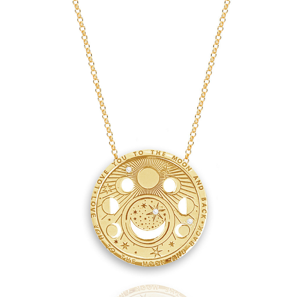 Round Pendant Necklace Stainless Steel Gold Plated - Planet