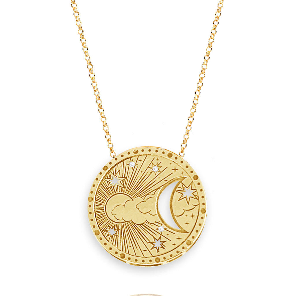 Round Pendant Necklace Stainless Steel Gold Plated - Moon
