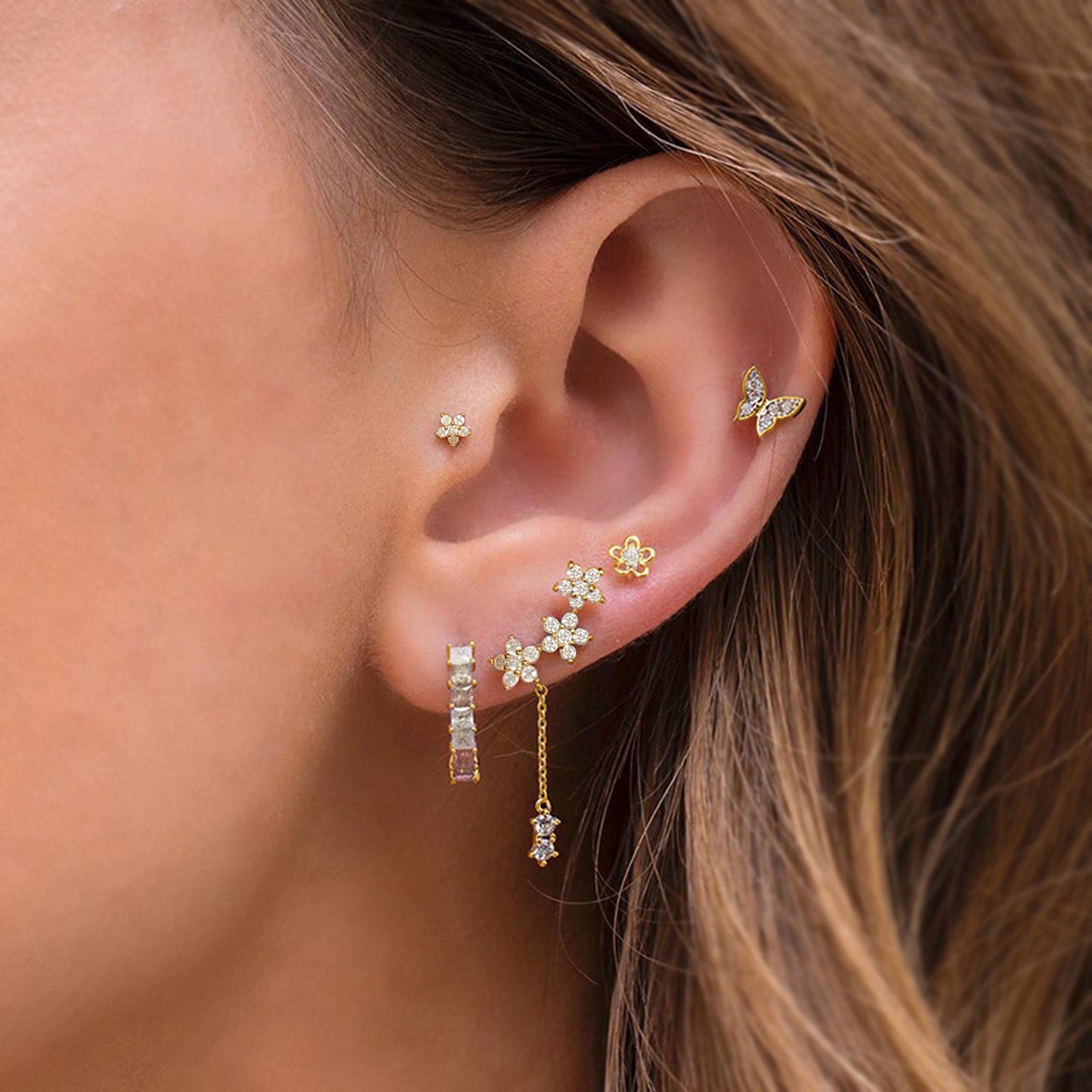 Butterfly Flower Earrings Set Studs Gold-Plated Pink Diamond