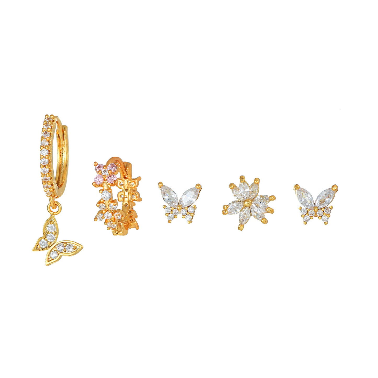 Butterfly Flower Earrings Set Studs Gold-Plated Pink Diamond