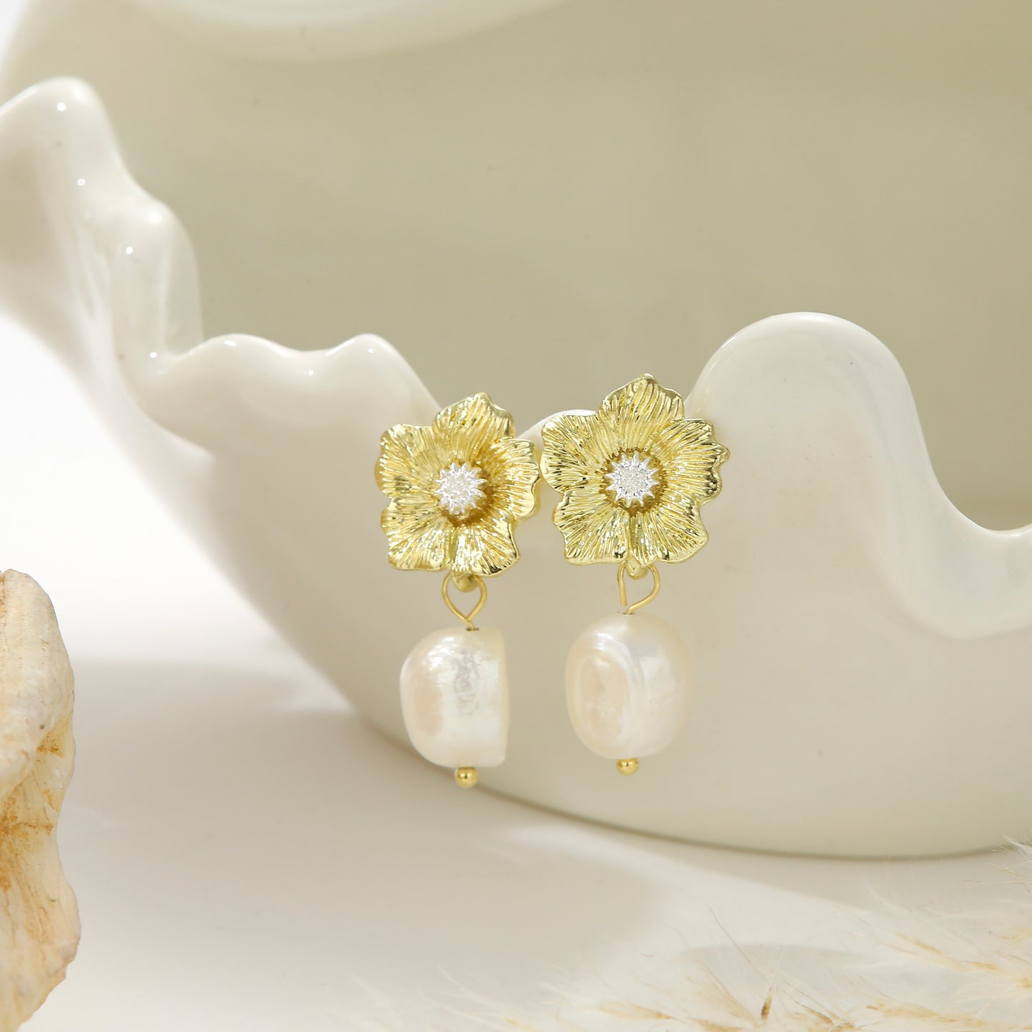 Floral Gold Studs with Freshwater Baroque Pearls – Bloom Pearl Earrings