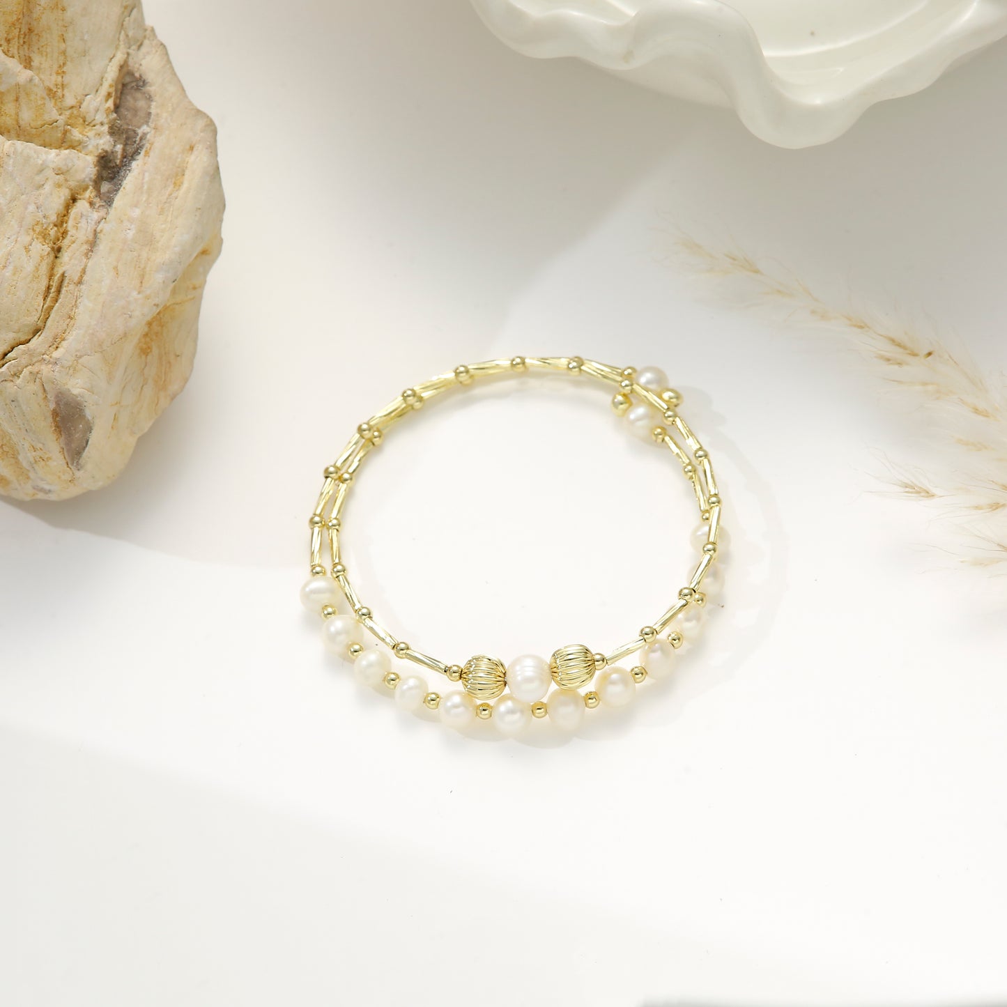 Simulated Pearls with Gold Tube Double Layers – Modern Chic Bracelet