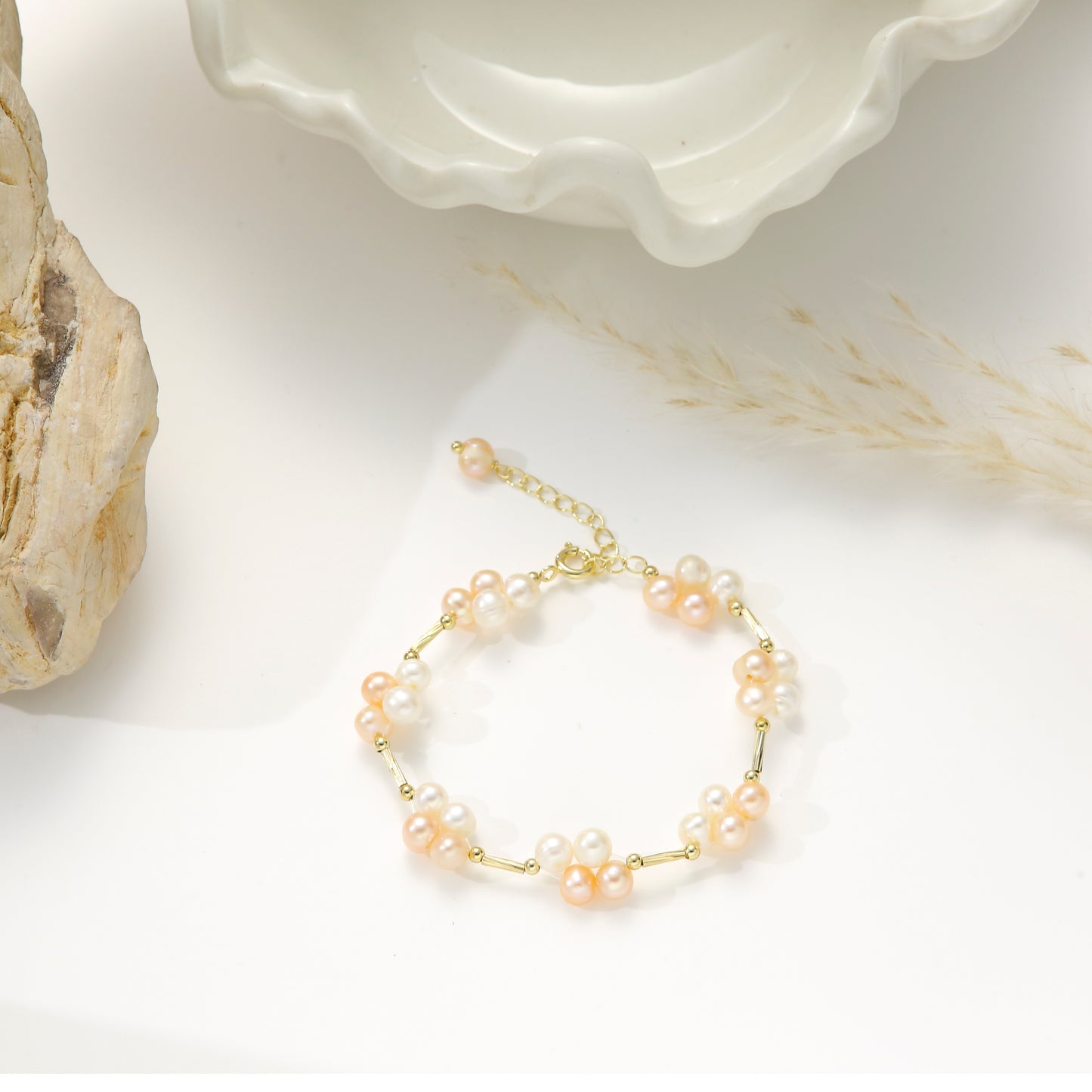 Freshwater Pearls with Peach Clusters – Sunset Bloom Bracelet