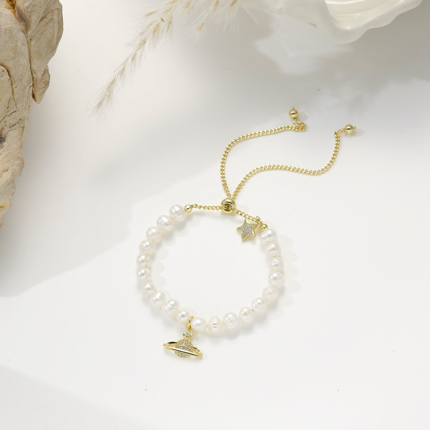 Freshwater Pearls with Star and Planet Charms – Cosmic Dream Bracelet
