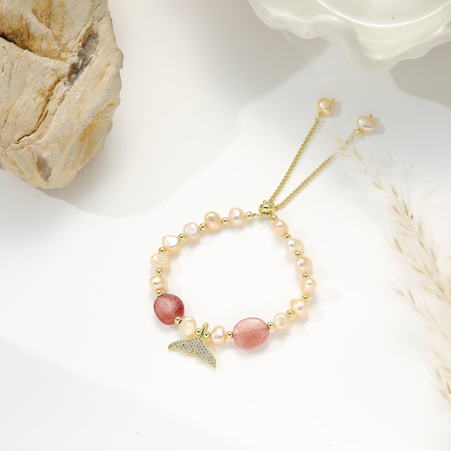 Freshwater Pearls with Strawberry Quartz and Whale Tail Charm – Coral Bay Bracelet