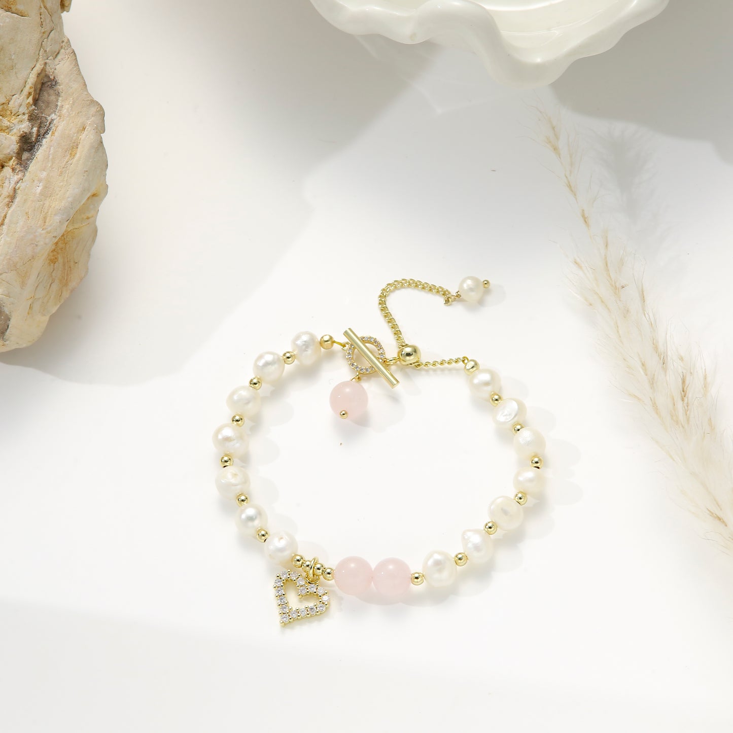Freshwater Pearls with Rose Quartz and Heart Charm – Sweetheart Pearl Bracelet