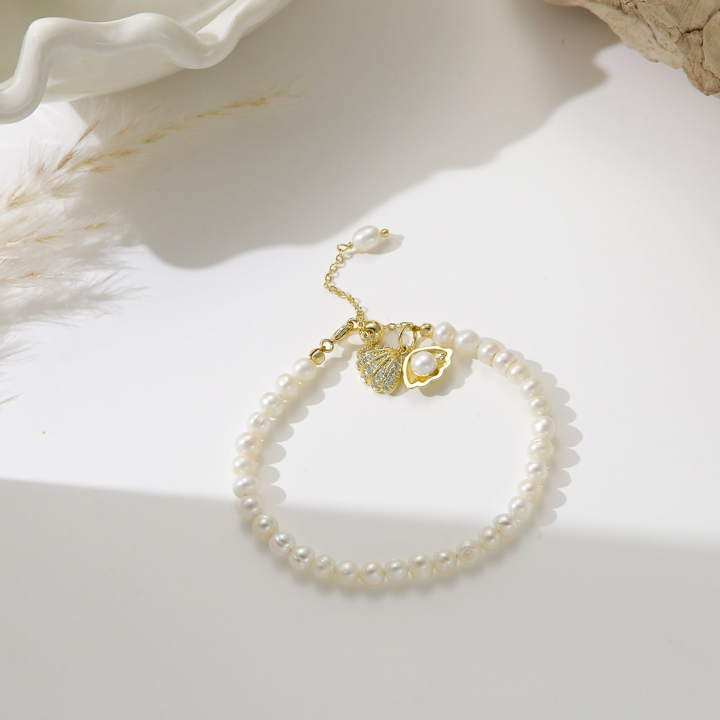 Freshwater Pearls with Double Shell Charms – Ocean Bloom Bracelet