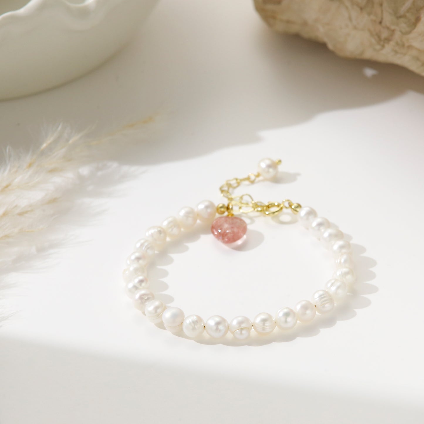 Freshwater Pearls with Strawberry Quartz Charm - Strawberry Pearl Bracelet