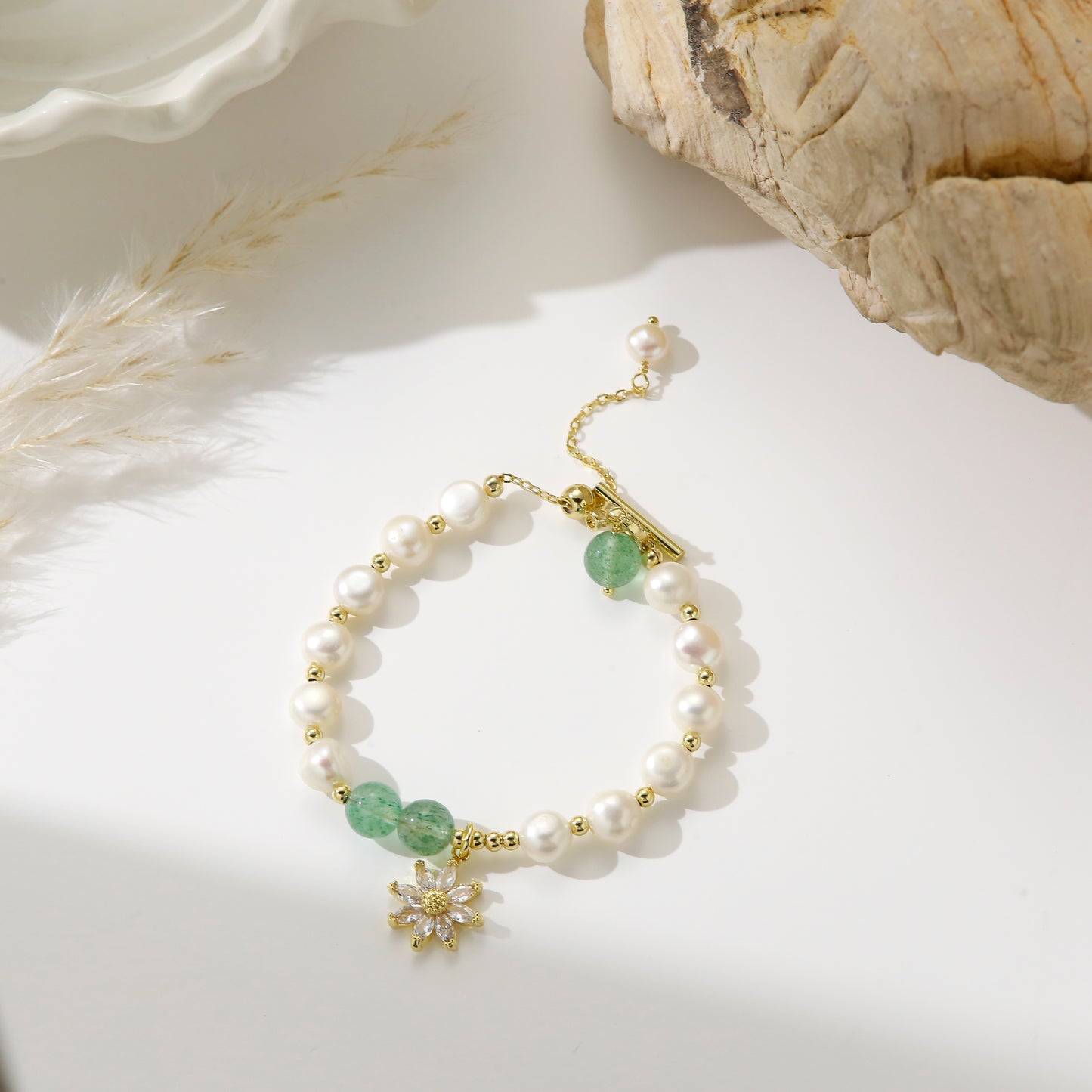 Freshwater Pearls with Green Aventurine and Flower Charm – Spring Garden Bracelet