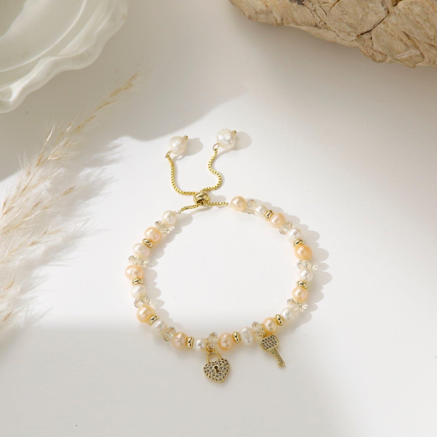 Freshwater Pearls with Strawberry and Key Charms – Sweet Secret Bracelet