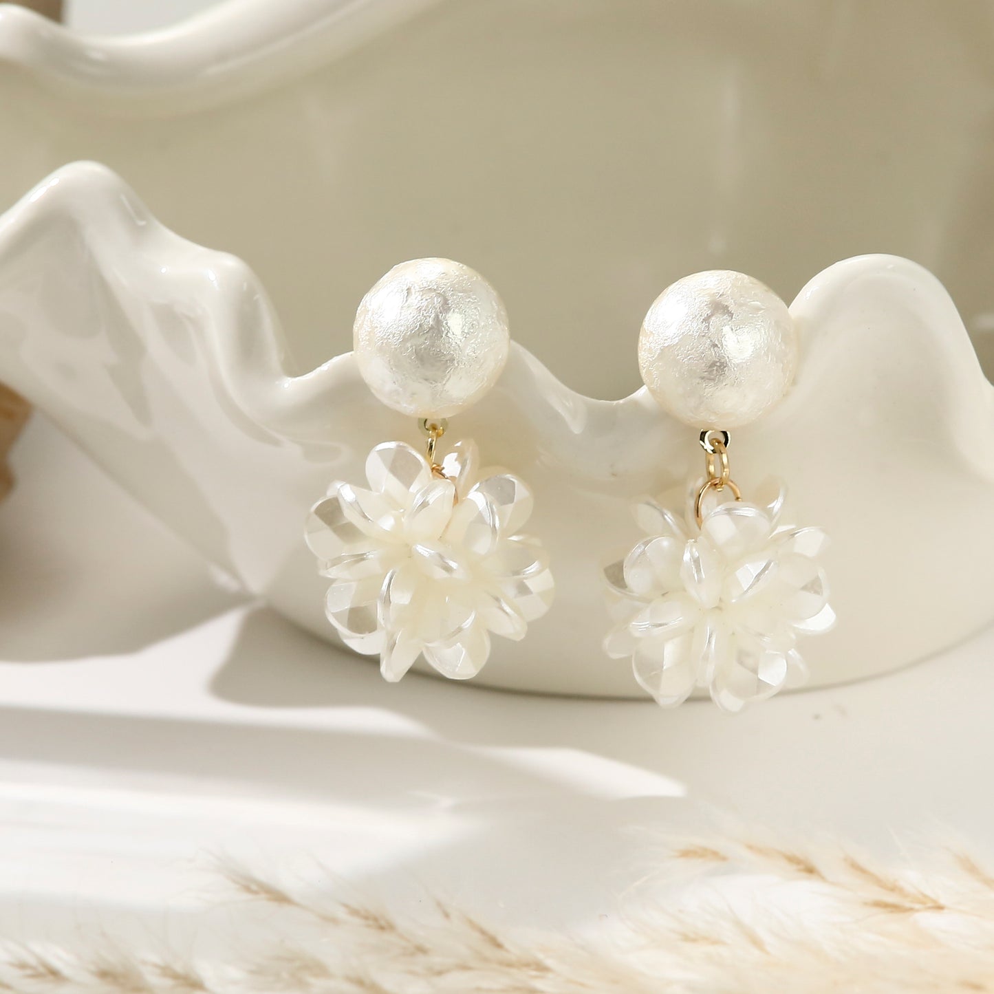Pearl Stud Earrings with Diamonds – White Bloom Drop