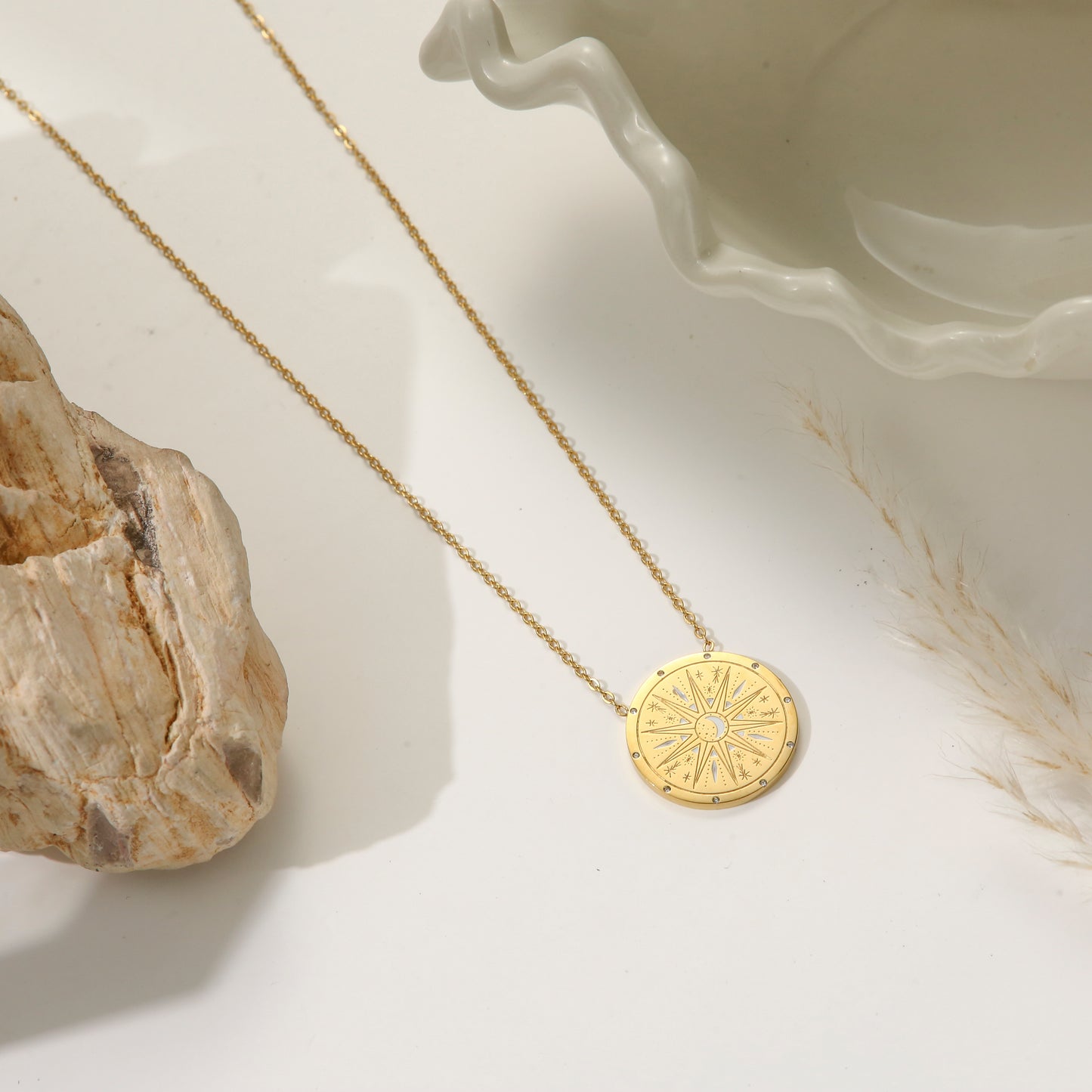 Round Pendant Necklace Stainless Steel Gold Plated - Moon