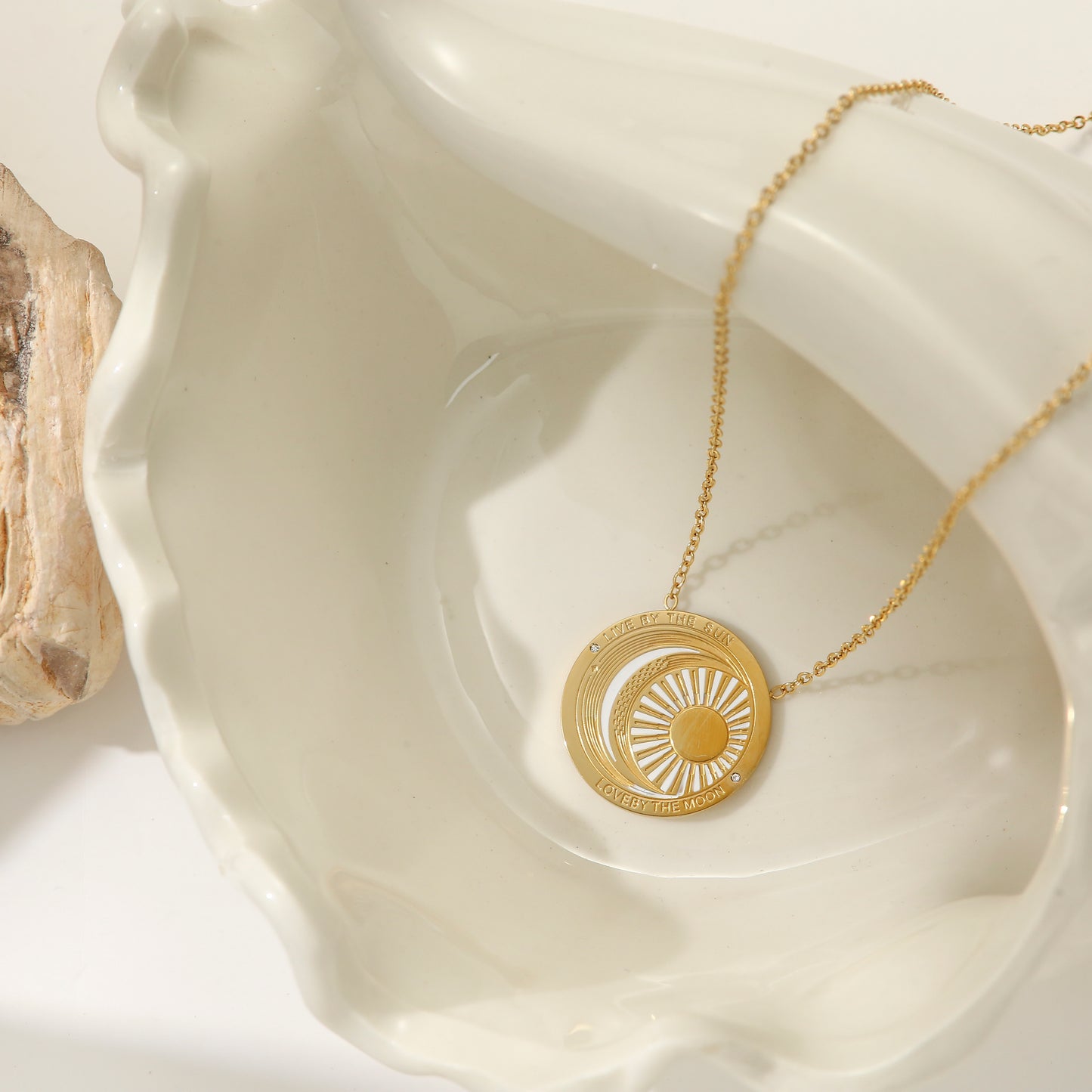 Round Pendant Necklace Stainless Steel Gold Plated - Sun Moon