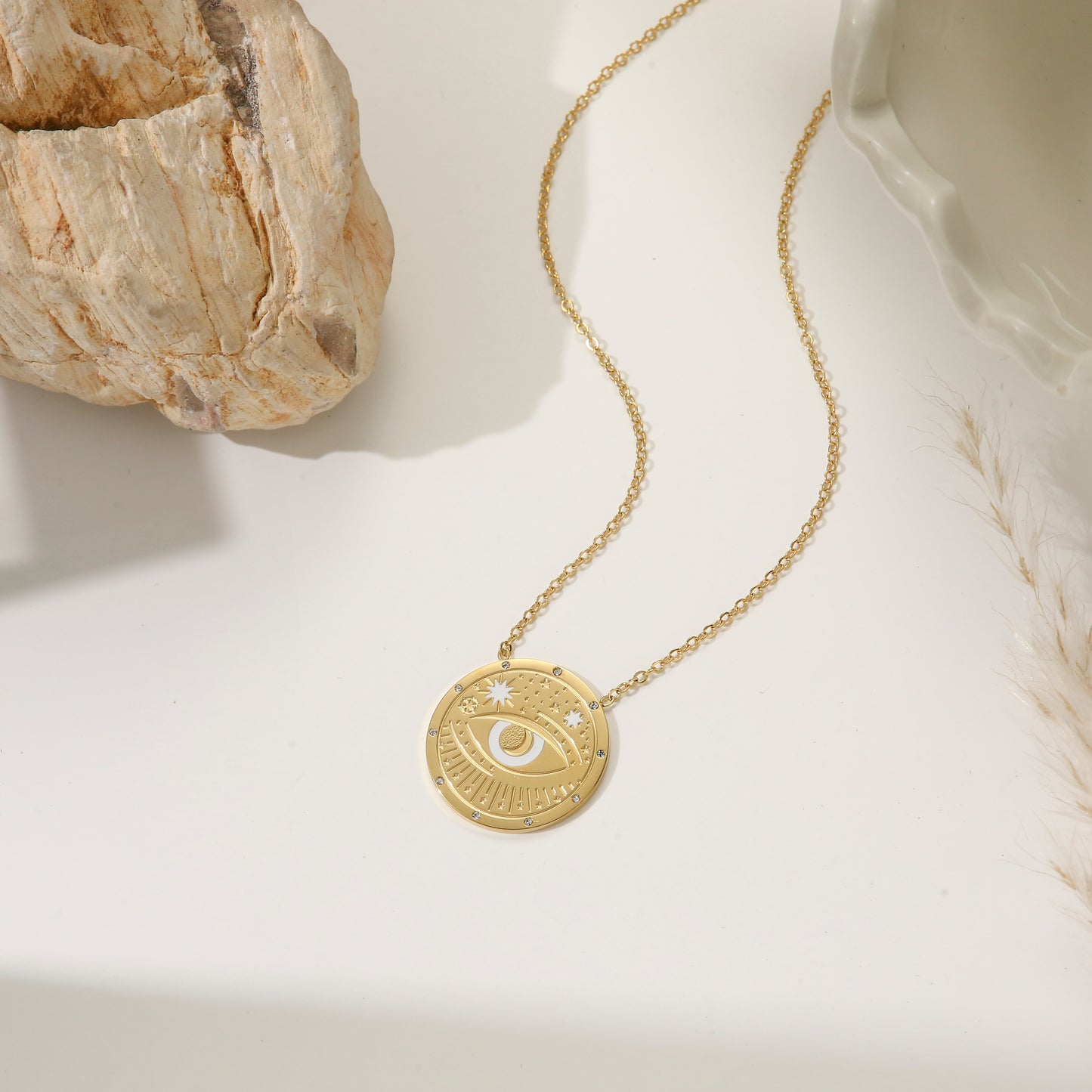 Round Pendant Necklace Stainless Steel Gold Plated - Evil Eye