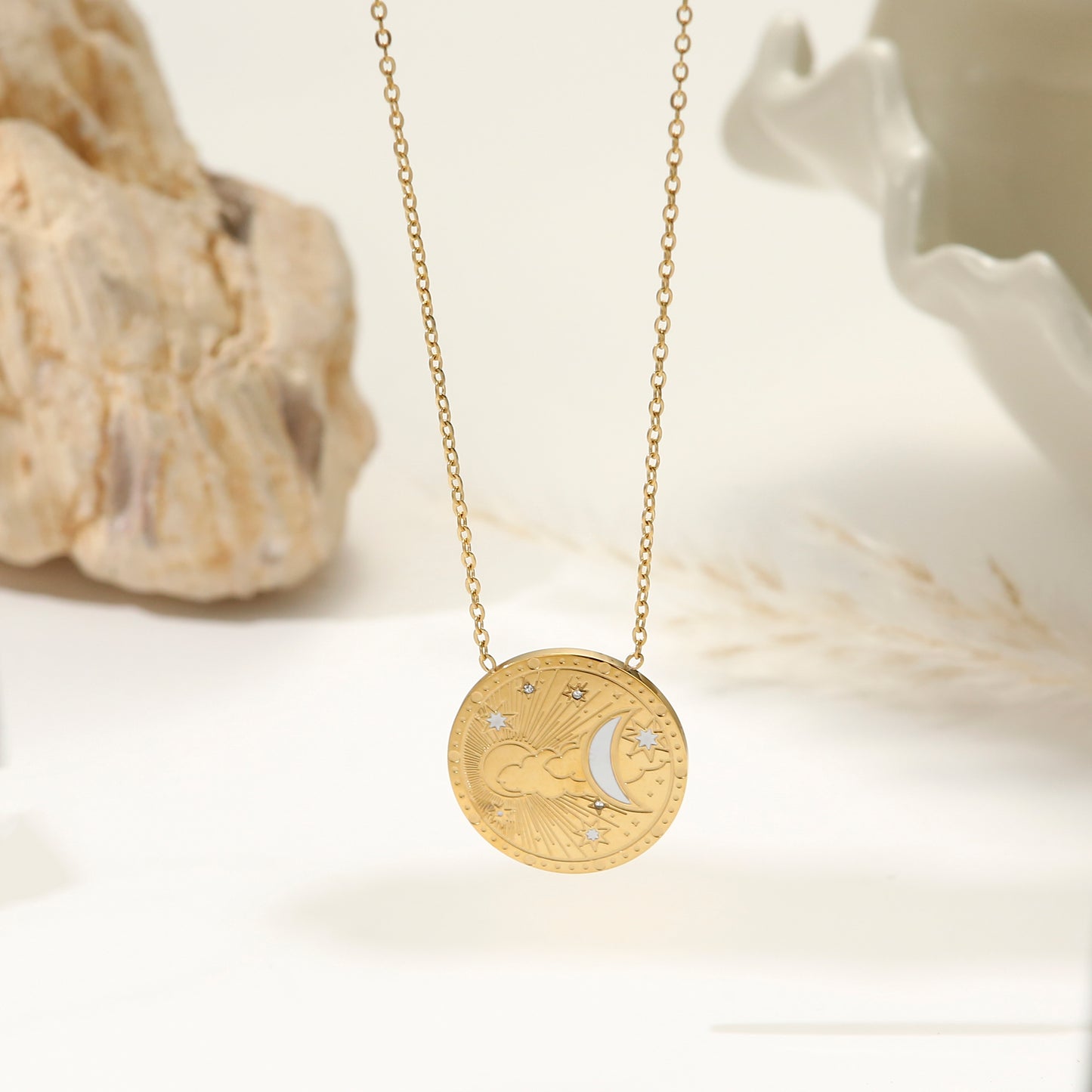 Round Pendant Necklace Stainless Steel Gold Plated - Moon