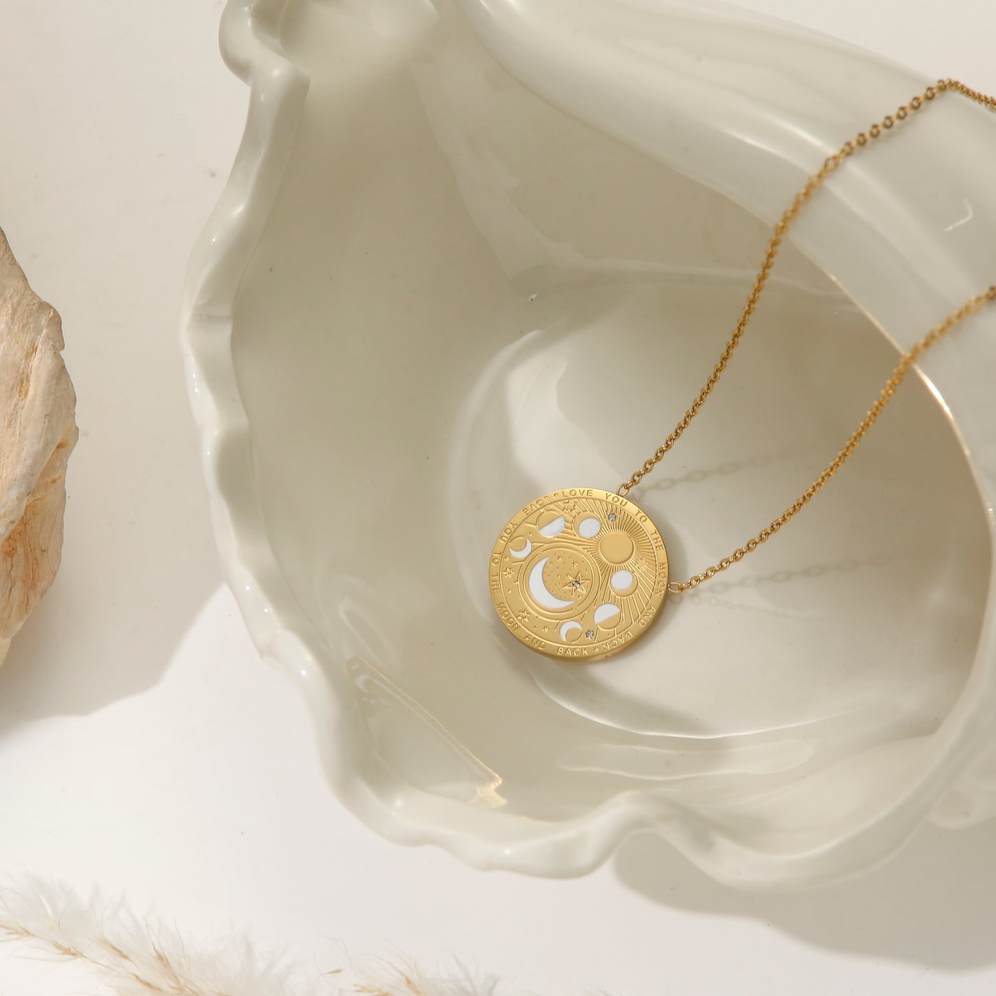 Round Pendant Necklace Stainless Steel Gold Plated - Planet