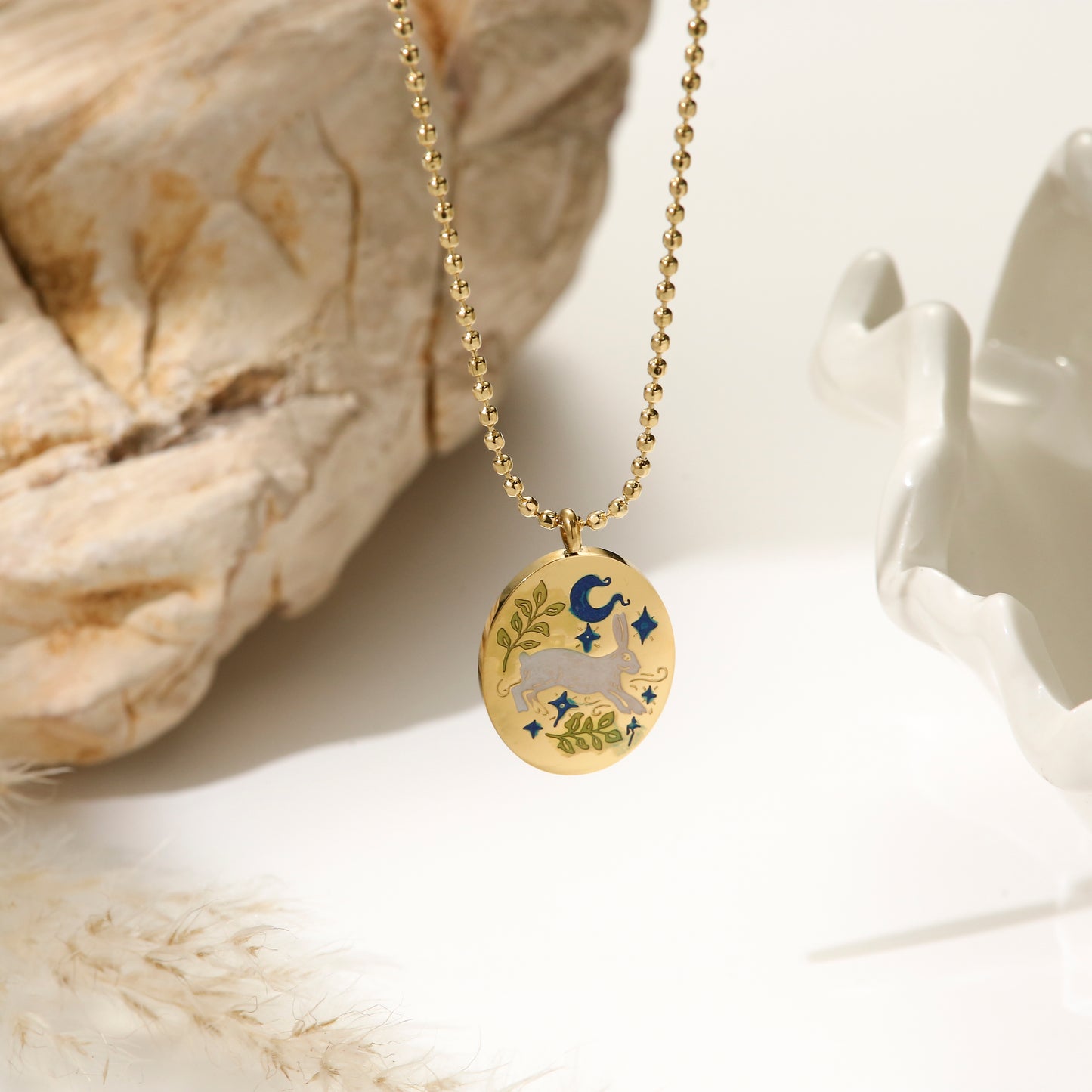 White Rabbit Print Necklace Gold Plated Stainless Steel