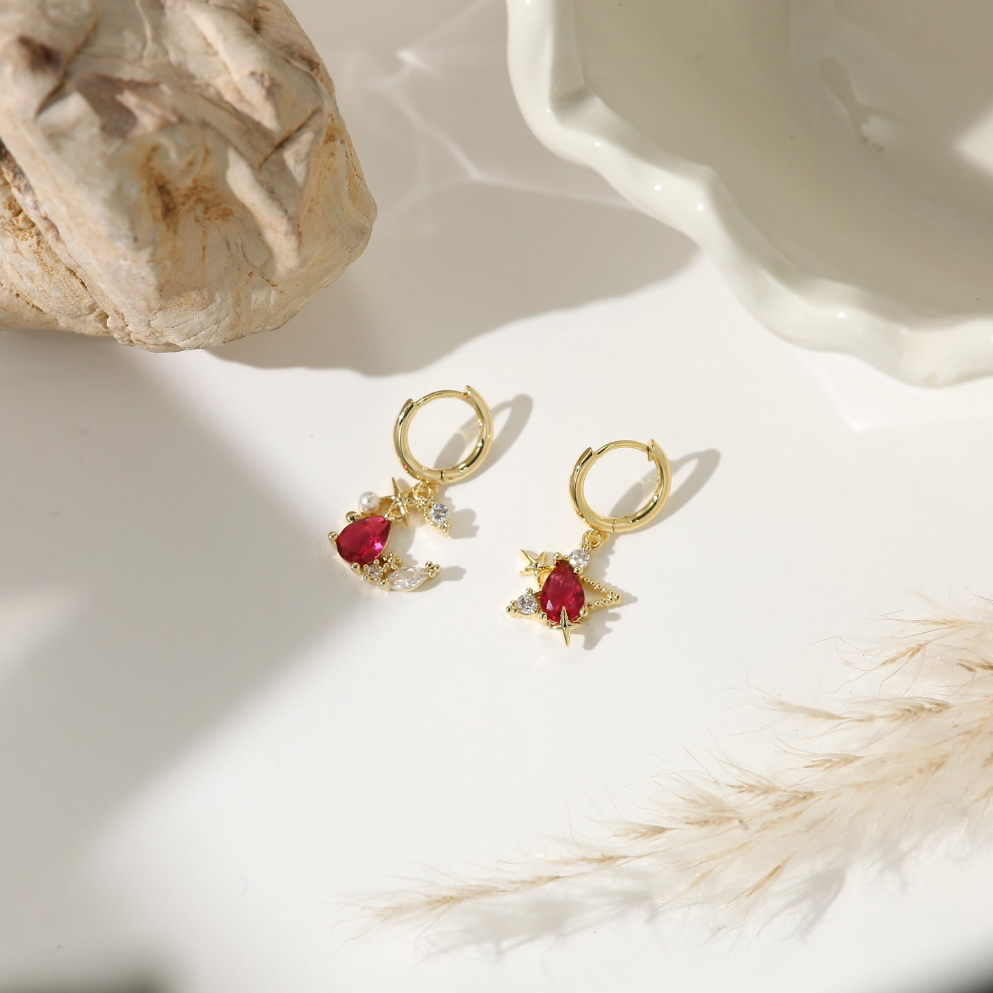 Pink Star and Moon Stud Earrings Gold Plated Delicate