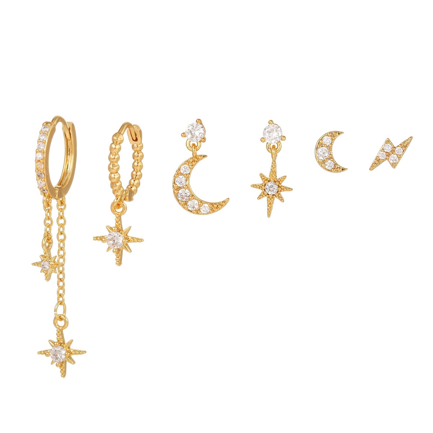 Moon Star Earrings Set Studs Gold Plated Diamond Drop
