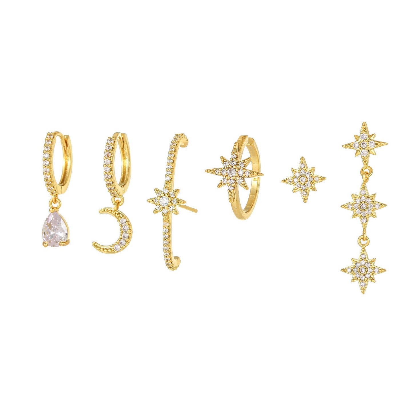 Moon Star Drop Earrings Set Studs Gold Plated Diamond