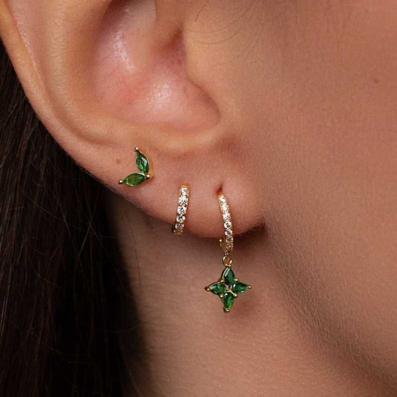 Green Petal Earrings Set Gold Plated Green Diamonds