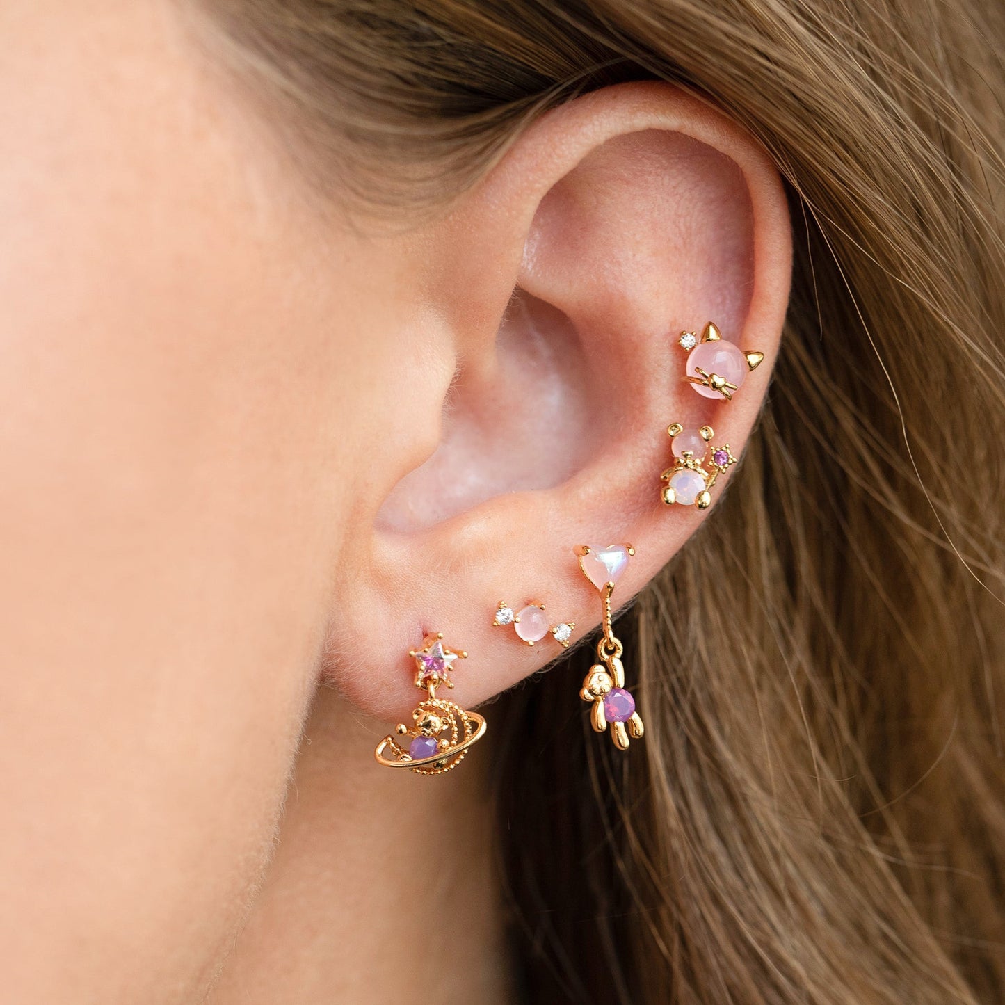 Pink Delicate Stud Earrings Set Bear Planet Kitten Gold Plated