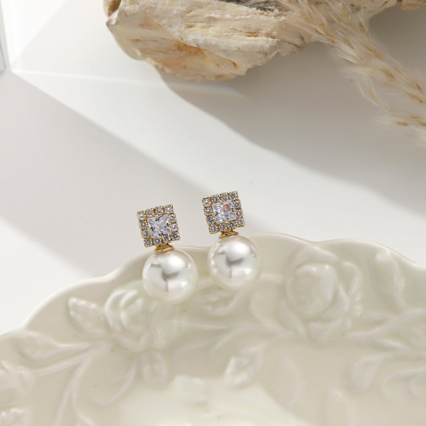 Pearl Stud Earrings with Diamonds – Square Halo Elegance