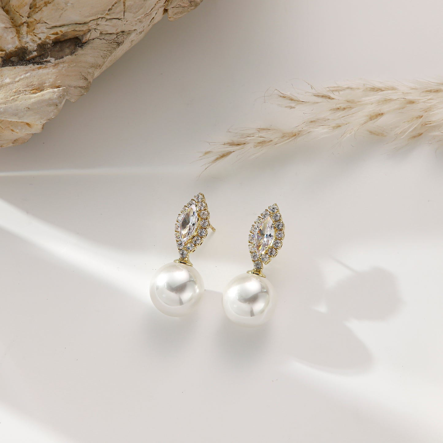 Pearl Stud Earrings with Diamonds – Marquise Leaf Shine