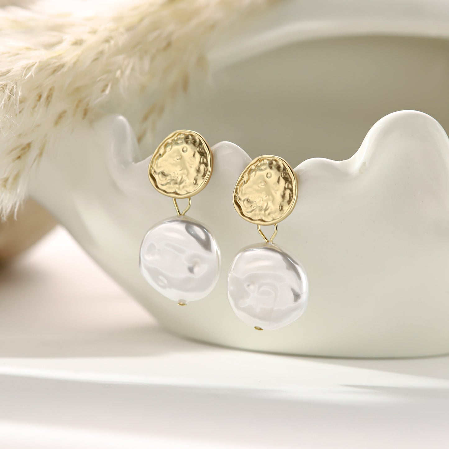 Pearl Stud Earrings with Diamonds – Textured Coin Luxe