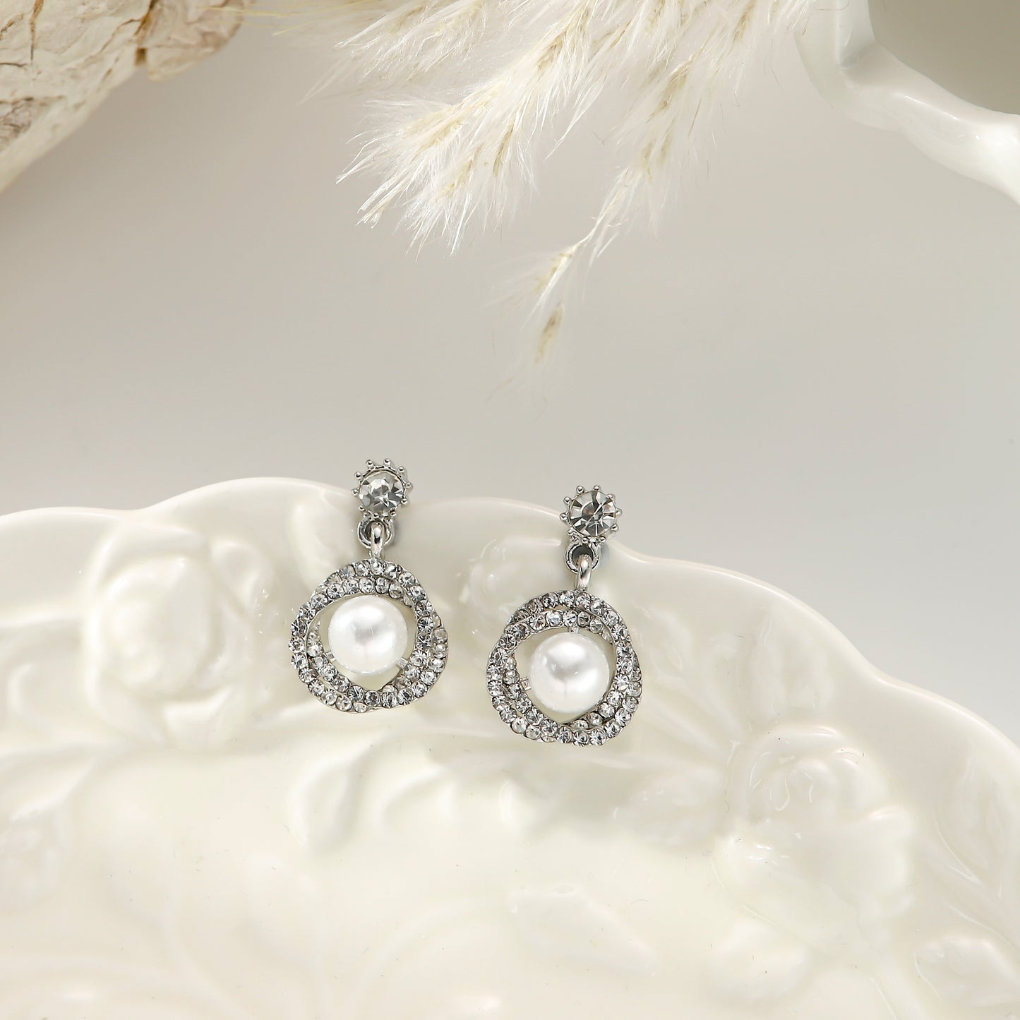 Pearl Stud Earrings with Diamonds – Silver Halo Vintage