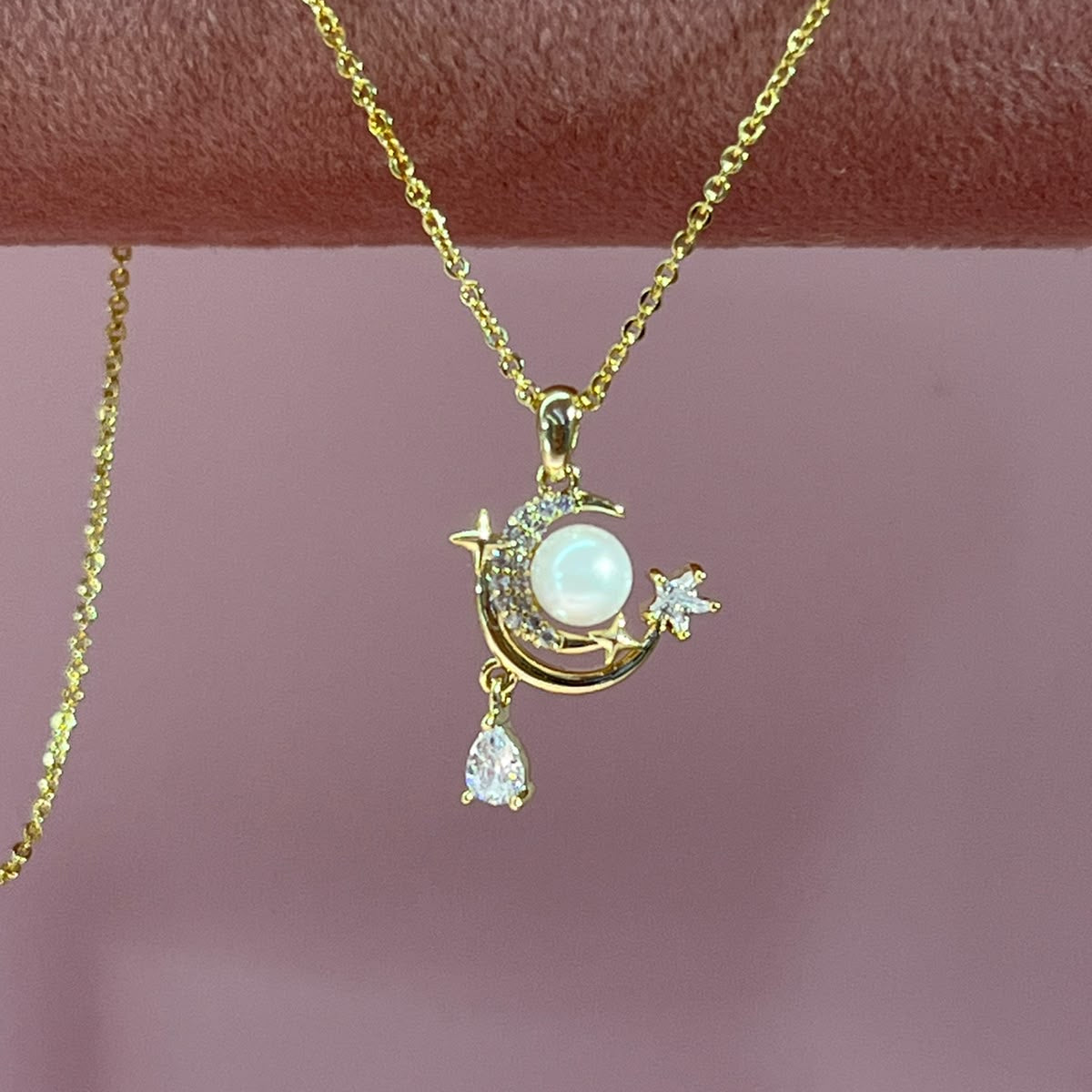 Moon & Star Pearl Gold-Plated Brass Pendant Necklace