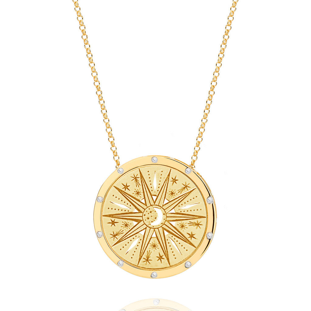 Round Pendant Necklace Stainless Steel Gold Plated - Moon