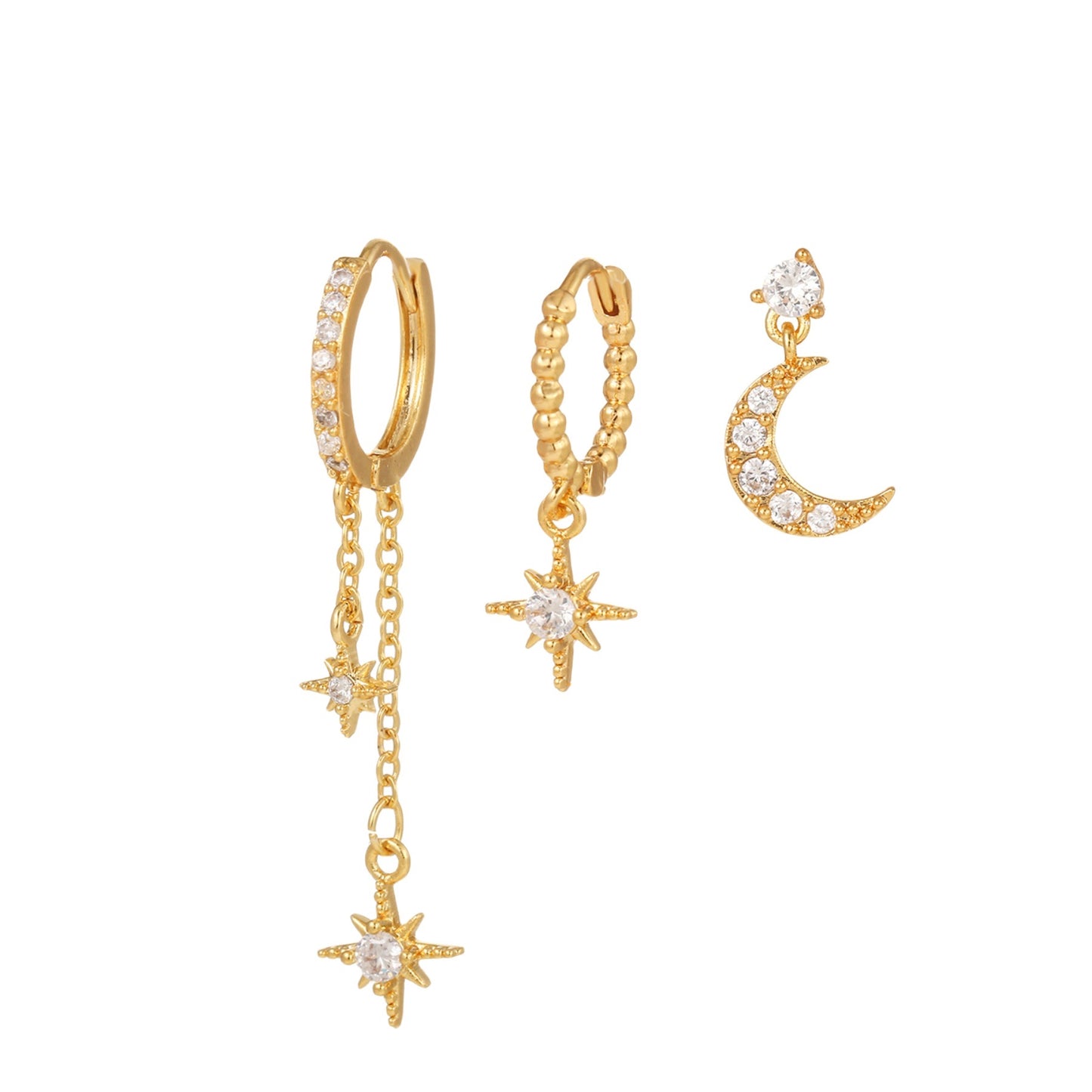 Moon Star Earrings Set Studs Gold Plated Diamond