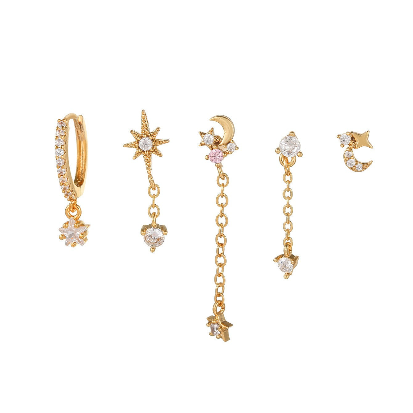 Delicate Star and Moon Stud Earring Set Gold Plated Diamond
