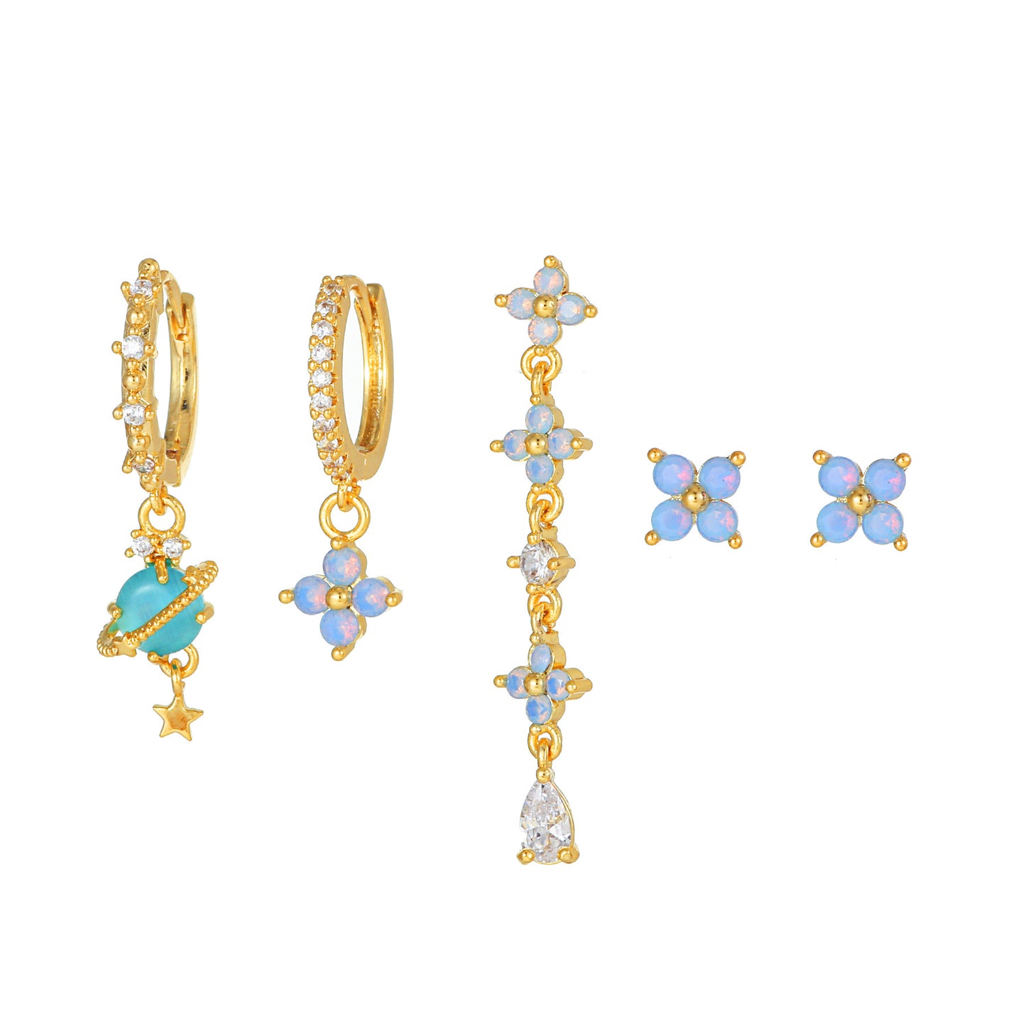 Blue Planet Stud Earrings Set Petal Design Gold Plated