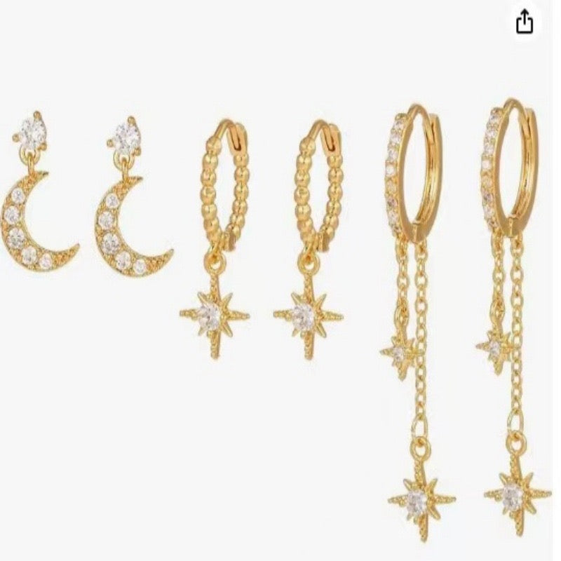 Moon Stars Earrings Set Studs Gold Plated Diamond