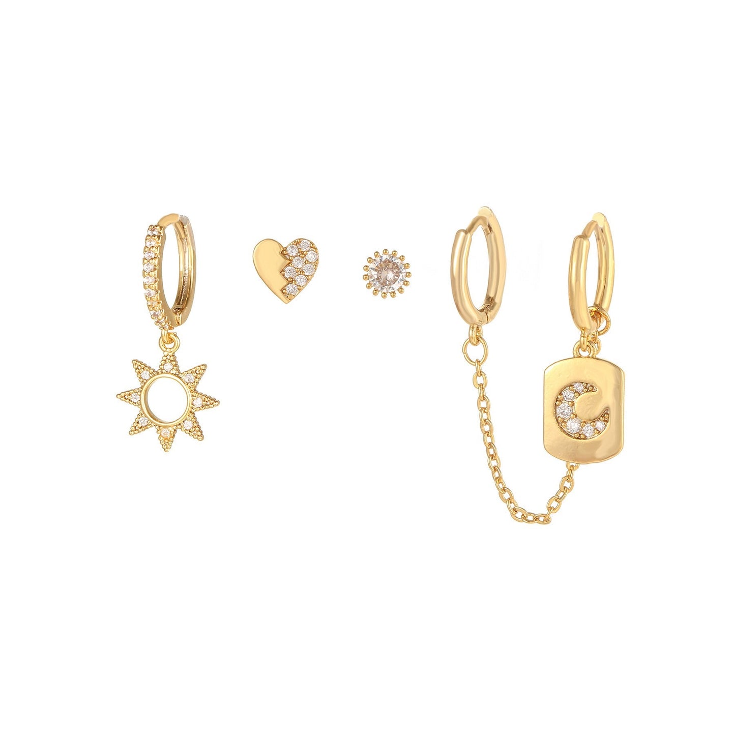 Earrings Set Sun Moon Heart Gold Plated