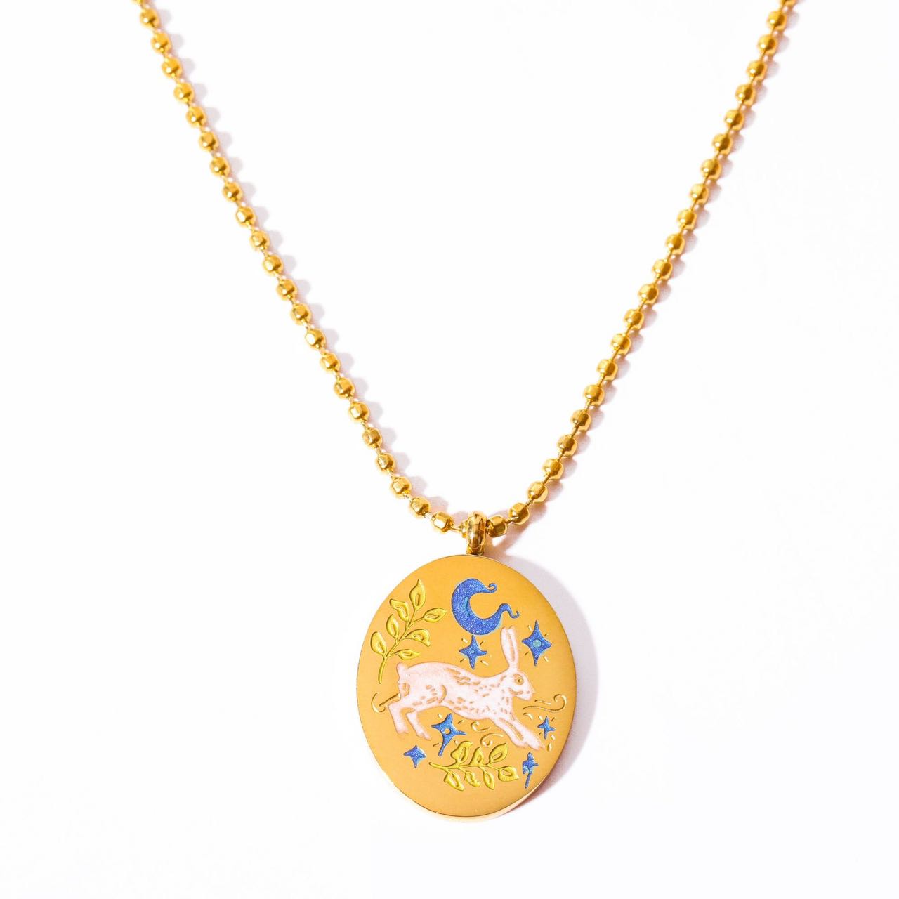 White Rabbit Print Necklace Gold Plated Stainless Steel
