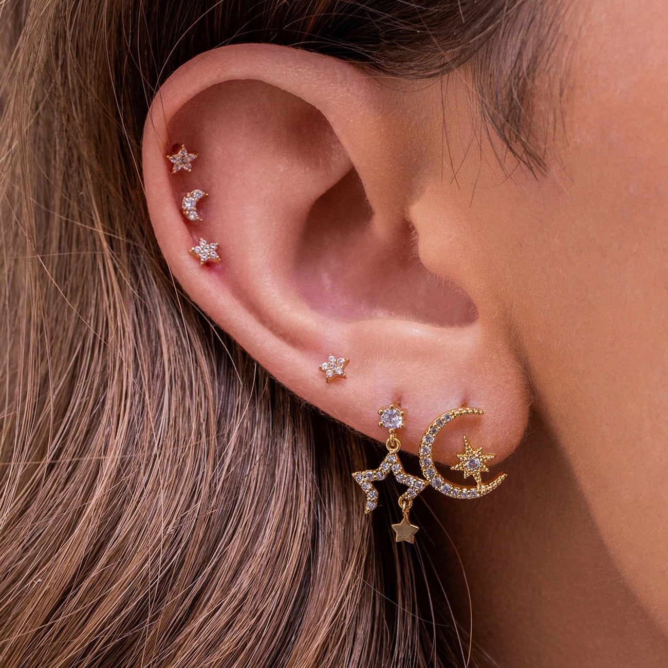 Moon Star Earrings Set Studs Gold-Plated Diamond