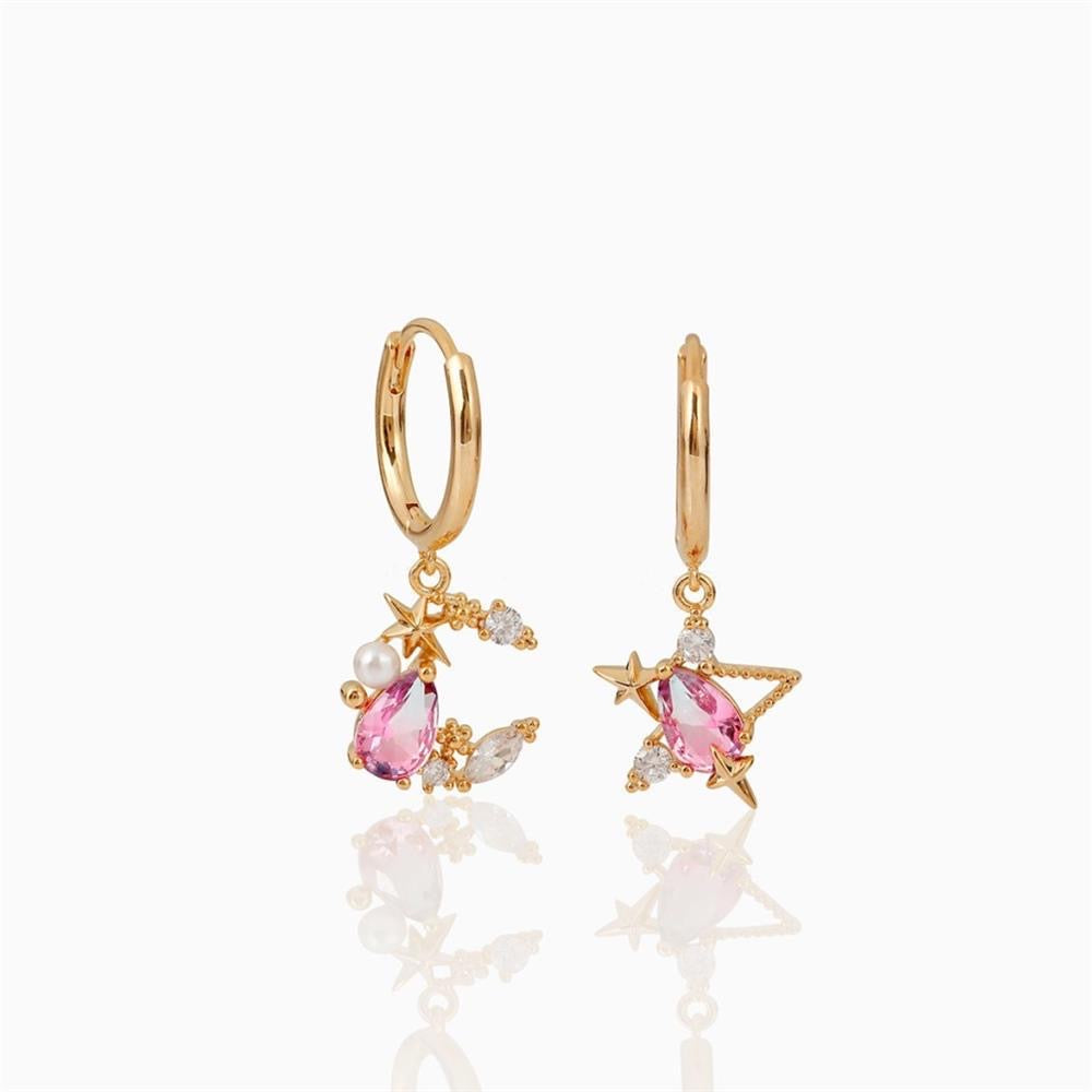 Pink Star and Moon Stud Earrings Gold Plated Delicate