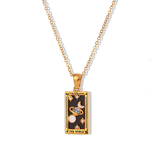 Tarot Necklace Gold Plated Stainless Steel - The World