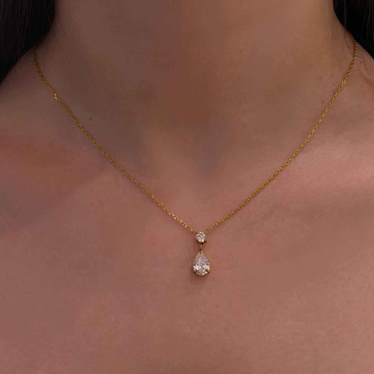 Teardrop Cubic Zirconia Gold-Plated Stainless Steel Pendant Necklace