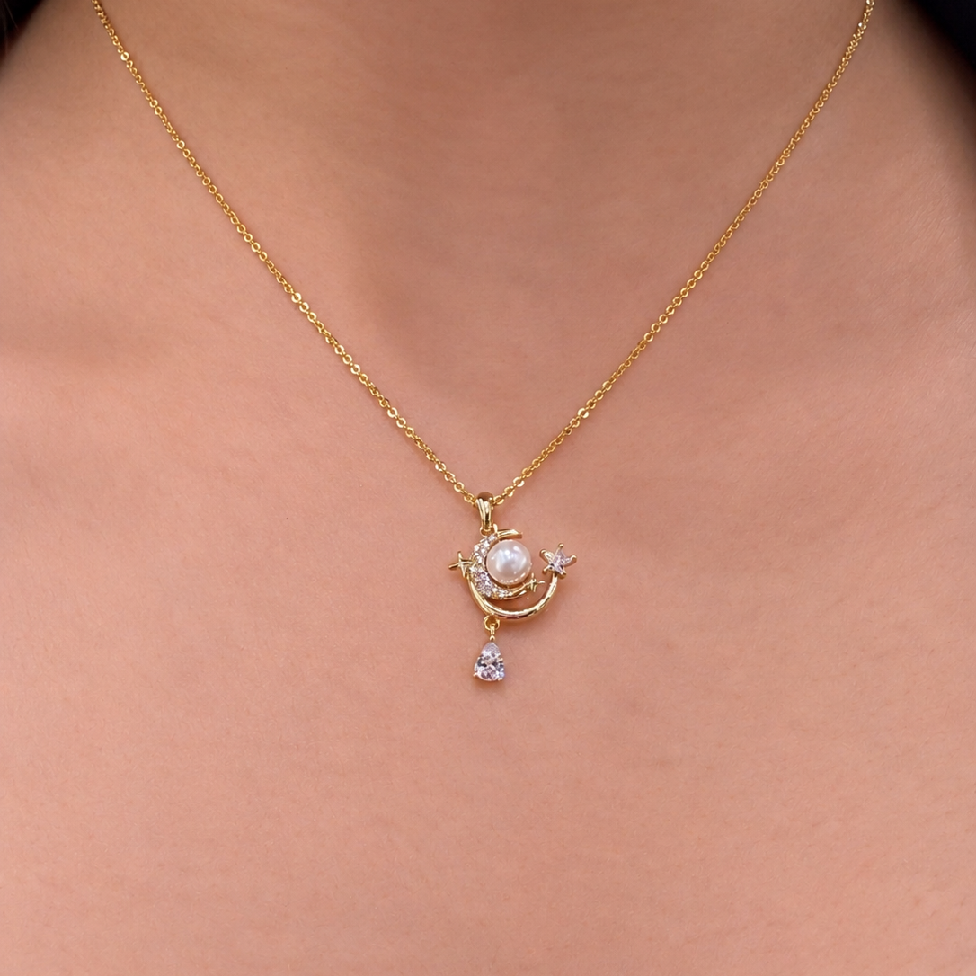 Moon & Star Pearl Gold-Plated Brass Pendant Necklace