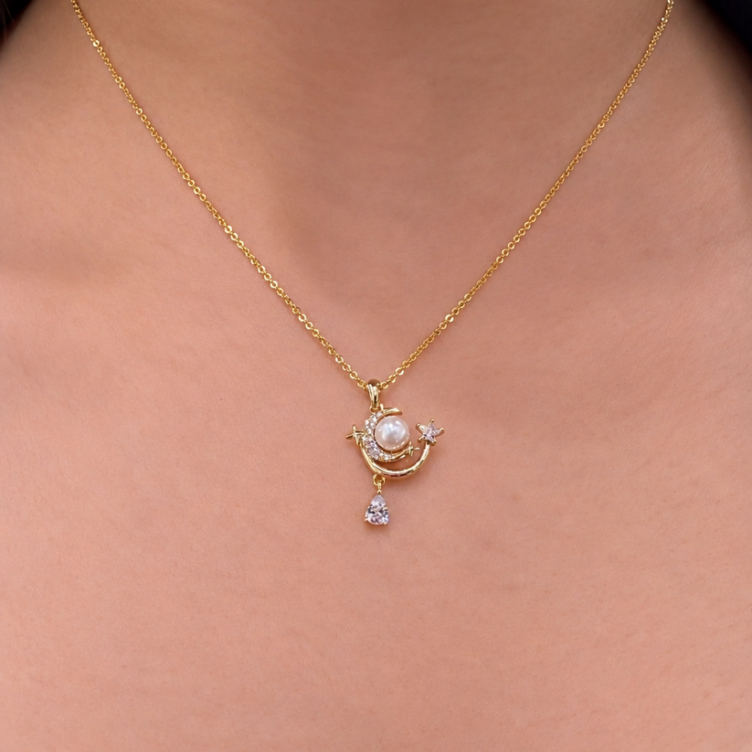 Moon & Star Pearl Gold-Plated Brass Pendant Necklace – Zilvia Jewelry